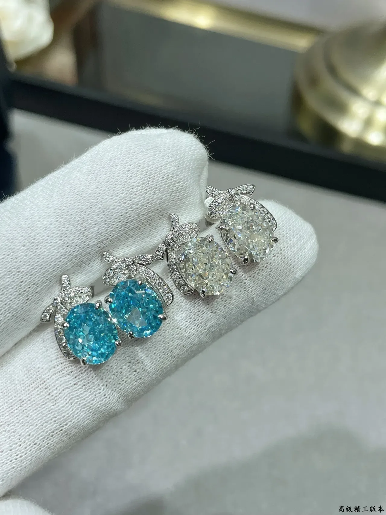 Oval Blue and Colorless Gemstone Pavé Diamond Bow Earrings 1