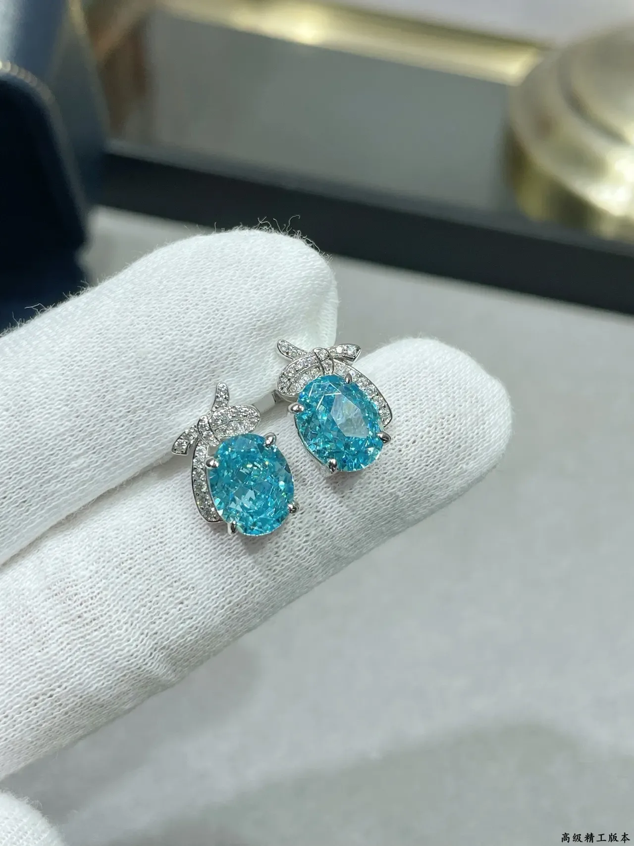 Oval Blue and Colorless Gemstone Pavé Diamond Bow Earrings 3