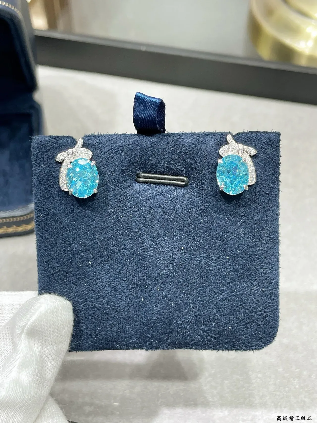 Oval Blue and Colorless Gemstone Pavé Diamond Bow Earrings 5