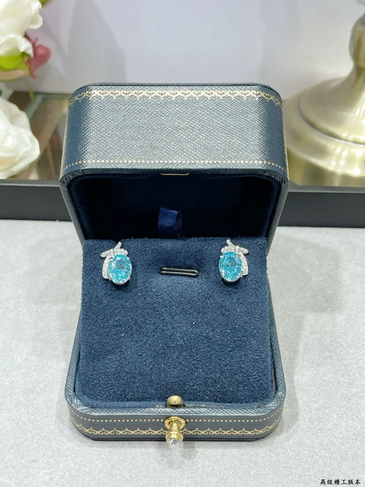 Oval Blue and Colorless Gemstone Pavé Diamond Bow Earrings 7