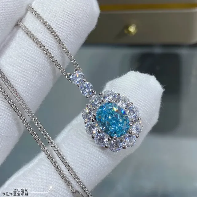 Oval Blue Gem Halo Cluster Pendant Necklace 2