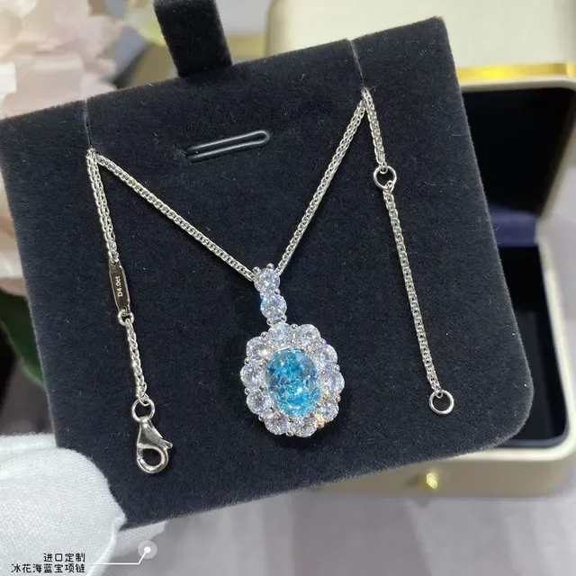 Oval Blue Gem Halo Cluster Pendant Necklace 3