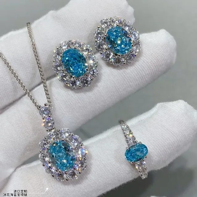 Oval Blue Gem Halo Cluster Pendant Necklace 4