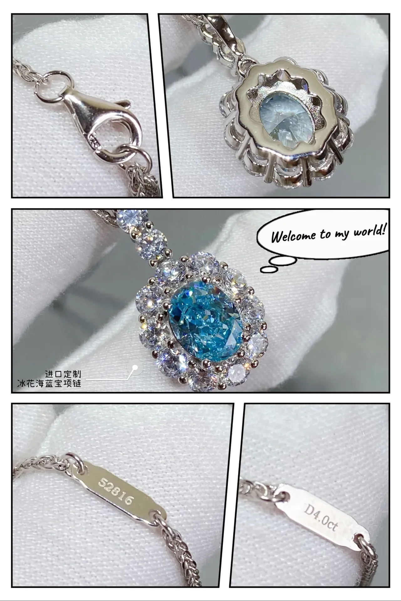 Oval Blue Gem Halo Cluster Pendant Necklace 5