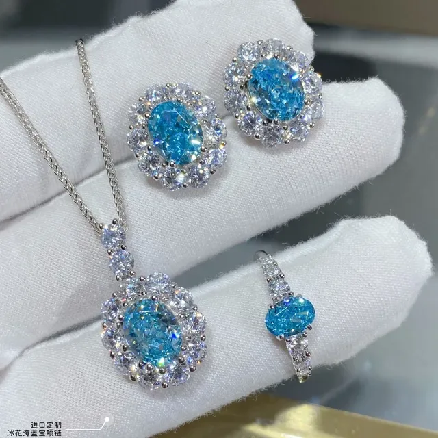 Oval Blue Gem Halo Cluster Pendant Necklace 6