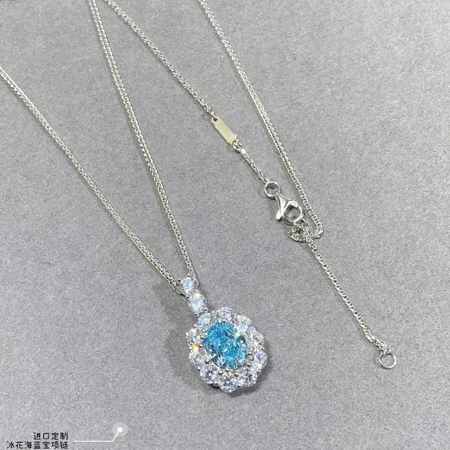 Oval Blue Gem Halo Cluster Pendant Necklace 7