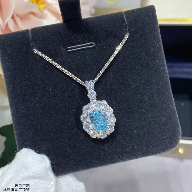Oval Blue Gem Halo Cluster Pendant Necklace 8