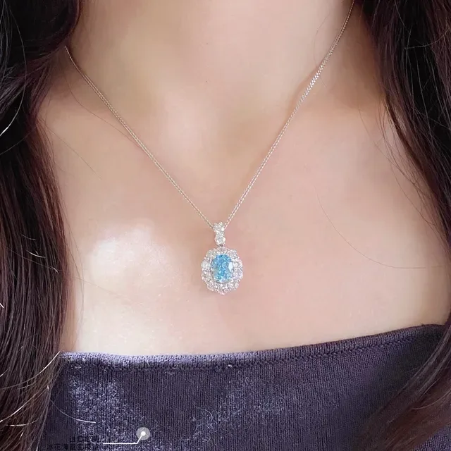 Oval Blue Gem Halo Cluster Pendant Necklace 9