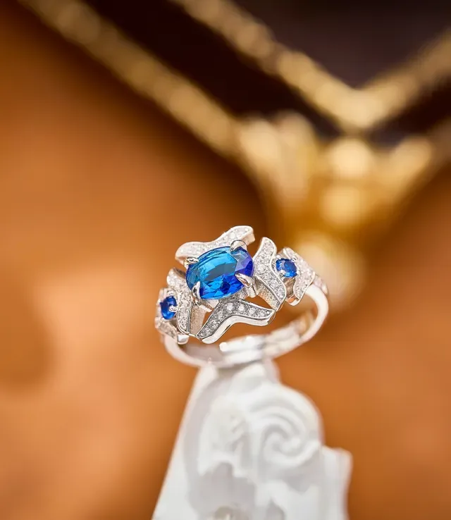 Oval Blue Sapphire and Diamond Pavé Sculpted Band Ring 5