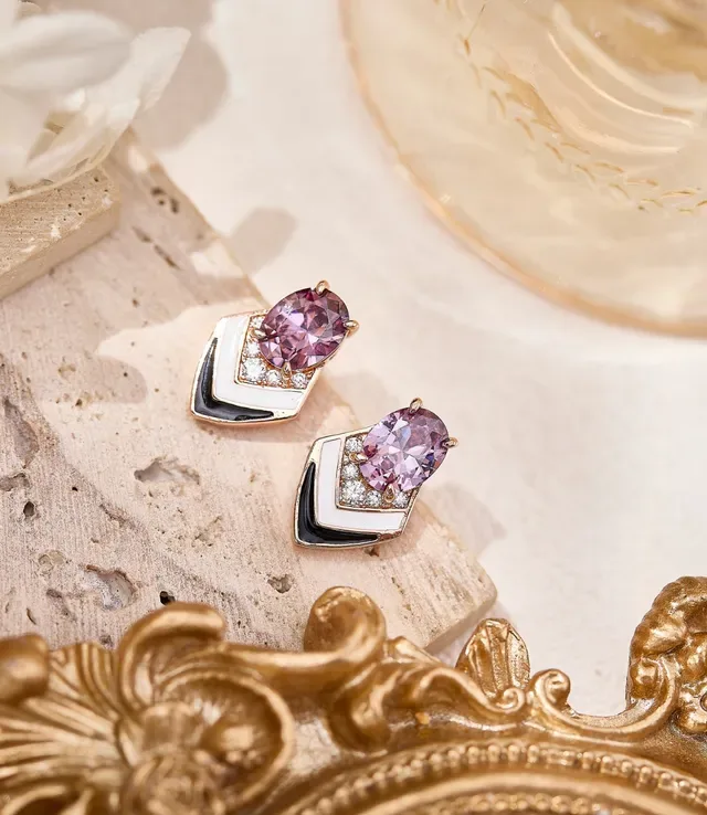 Oval Pink Gemstone Chevron Enamel Stud Earrings 2