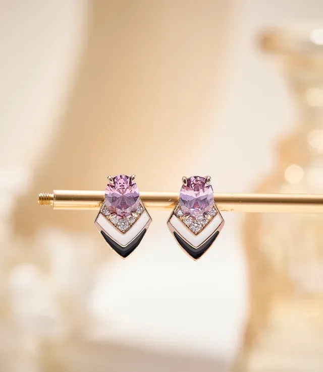 Oval Pink Gemstone Chevron Enamel Stud Earrings 3