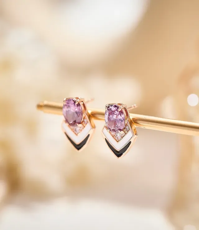 Oval Pink Gemstone Chevron Enamel Stud Earrings 5