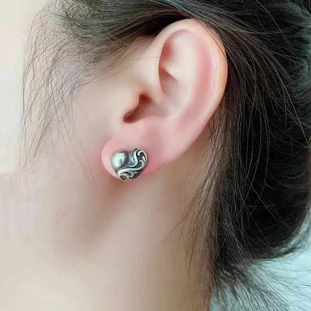 Oxidized Silver Heart and Scroll Stud Earrings 5