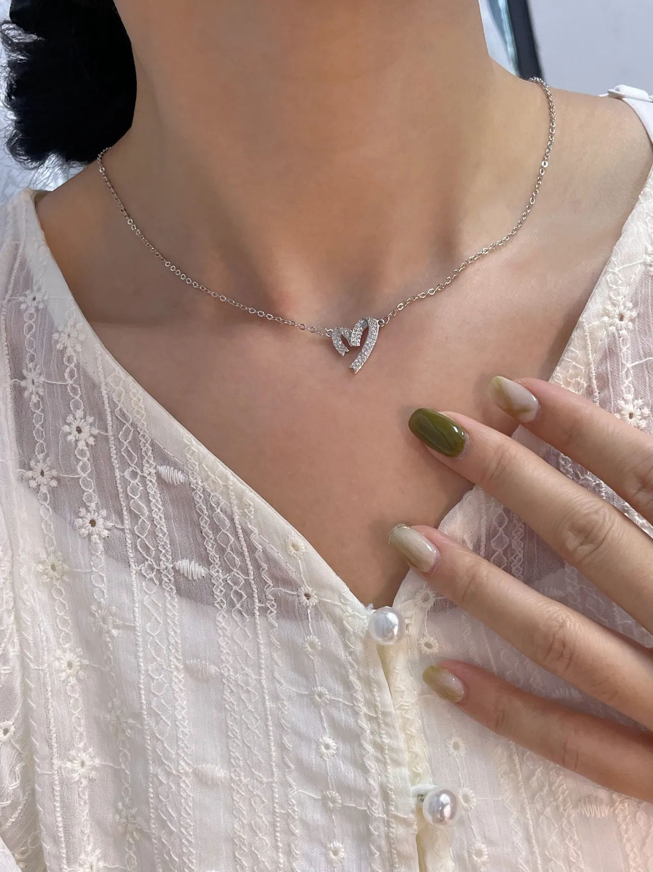 Pavé Crystal Double Heart Motif Silver-Tone Necklace 2