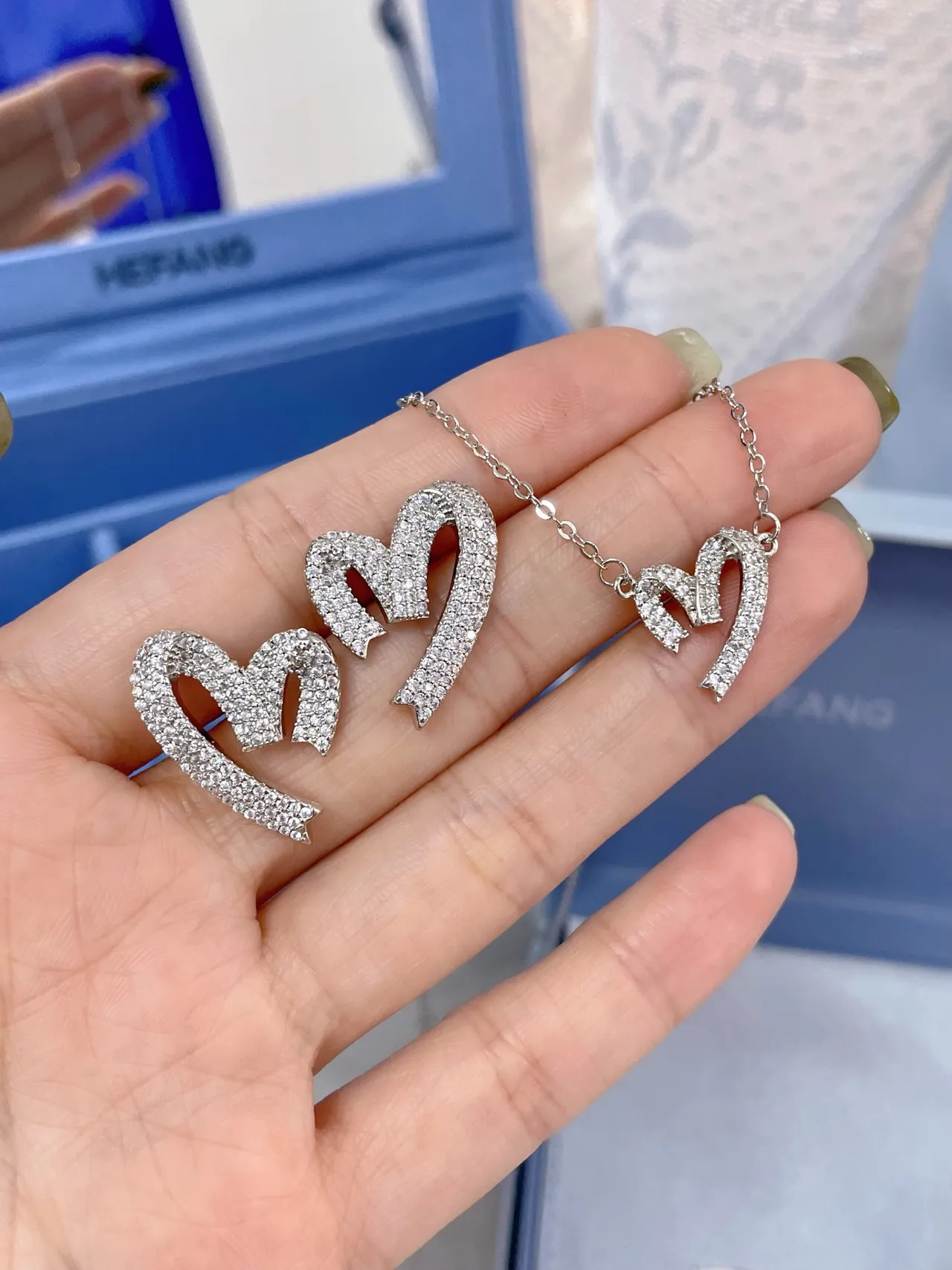Pavé Crystal Double Heart Motif Silver-Tone Necklace 3