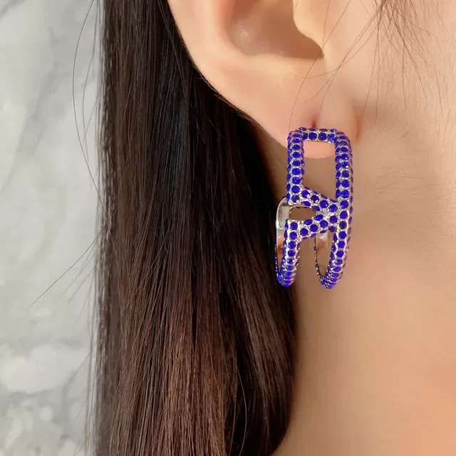 Pavé-Set Blue Crystal Geometric Hoop Earrings 5
