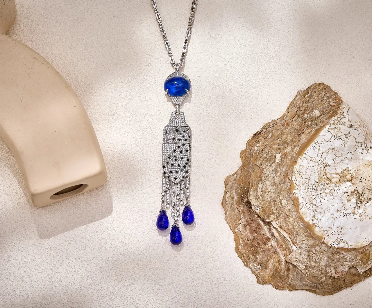 Pavé-Set Blue Gemstone Leopard Motif Tassel Pendant Necklace 3