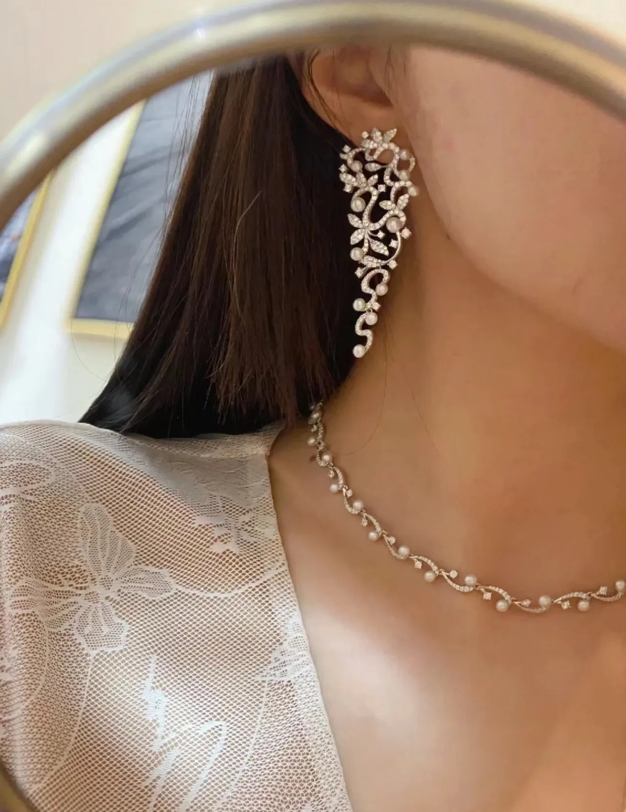 Pearl and Crystal Vine Dangling Earrings 4