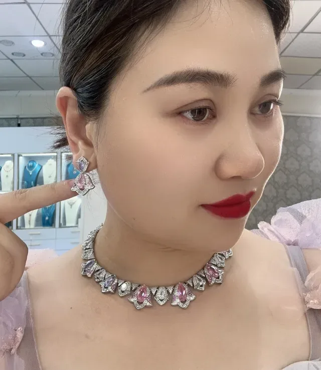 Pink and Purple Gemstone Pavé Drop Earrings 2