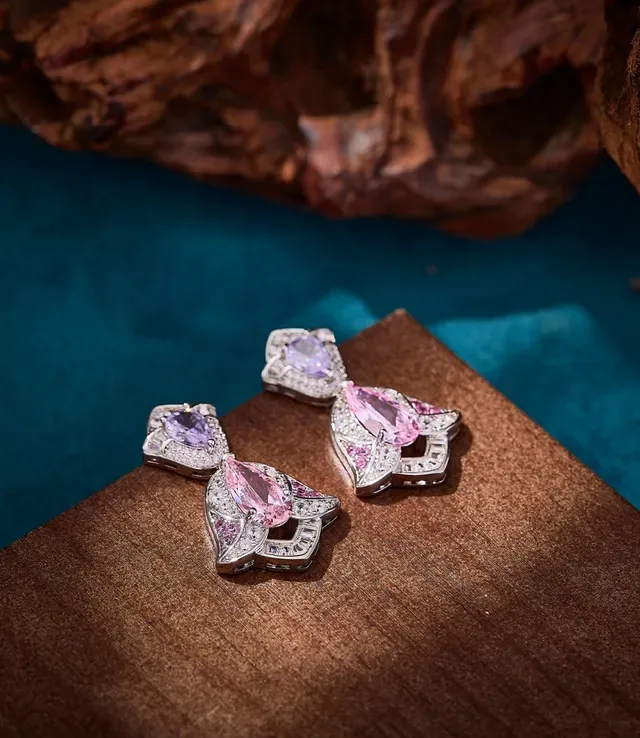 Pink and Purple Gemstone Pavé Drop Earrings 3