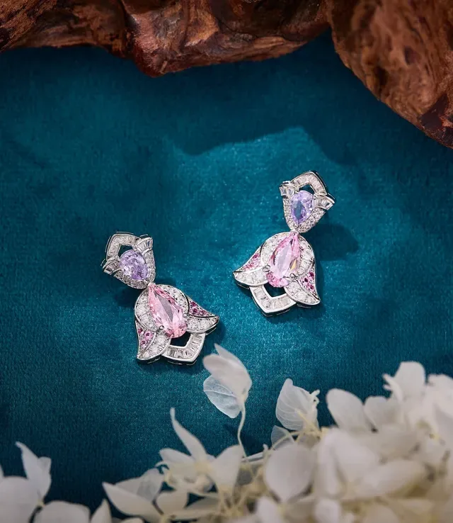 Pink and Purple Gemstone Pavé Drop Earrings 4
