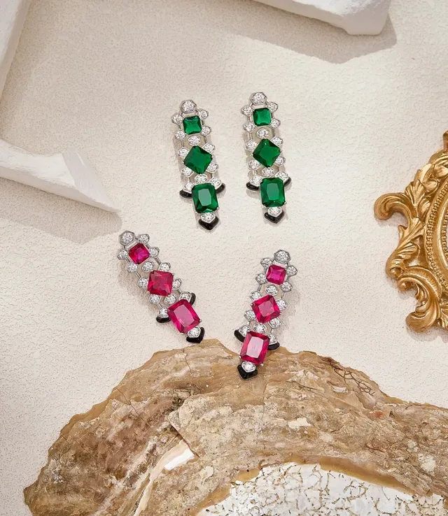 Pink Black Linear Cascade Square-Cut Gemstones Earrings 3
