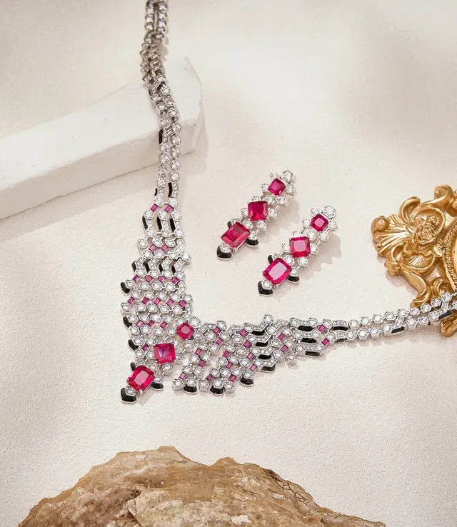 Pink Black Linear Cascade Square-Cut Gemstones Earrings 4
