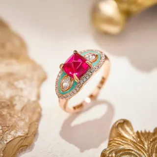 Pink Gemstone and Turquoise Enamel Asymmetrical Pavé Ring