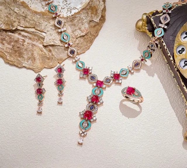 Pink Gemstone and Turquoise Enamel Asymmetrical Pavé Ring 3