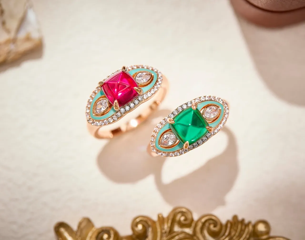 Pink Gemstone and Turquoise Enamel Asymmetrical Pavé Ring 6