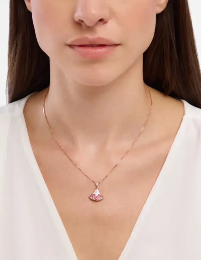 Pink Gold Fan-Shaped Pendant Rose Setting Necklace 9