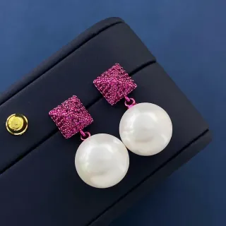 Pink Pavé Square and White Pearl Drop Earrings