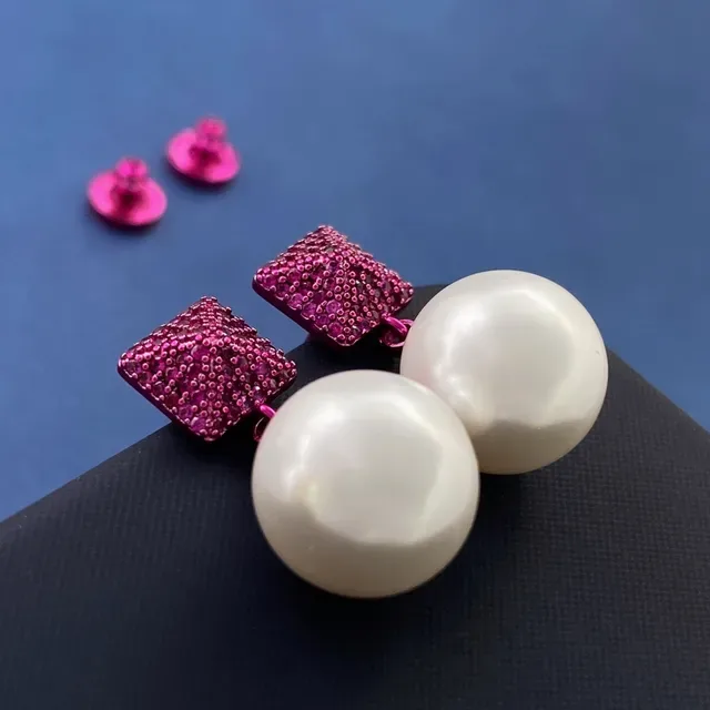 Pink Pavé Square and White Pearl Drop Earrings 2