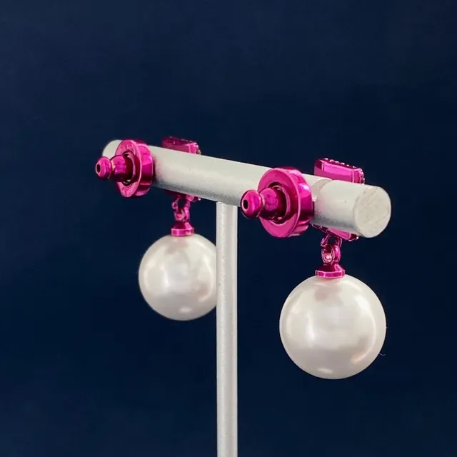 Pink Pavé Square and White Pearl Drop Earrings 3