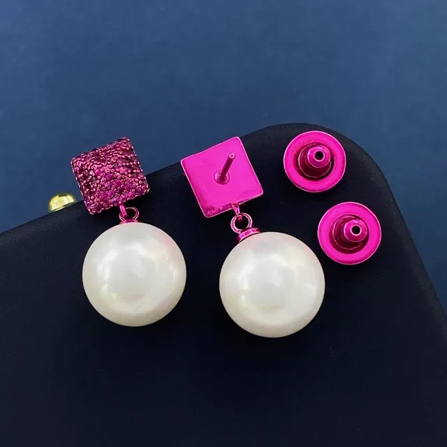 Pink Pavé Square and White Pearl Drop Earrings 4