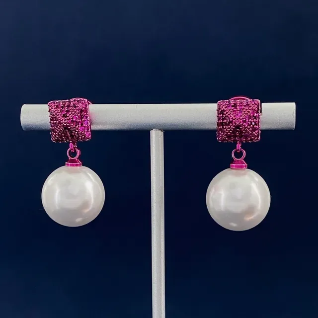 Pink Pavé Square and White Pearl Drop Earrings 6