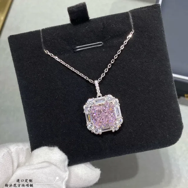 Pink Silver Square-Cut Central Gem Halo Setting Necklace 3