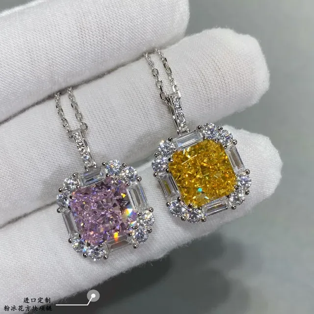 Pink Silver Square-Cut Central Gem Halo Setting Necklace 4