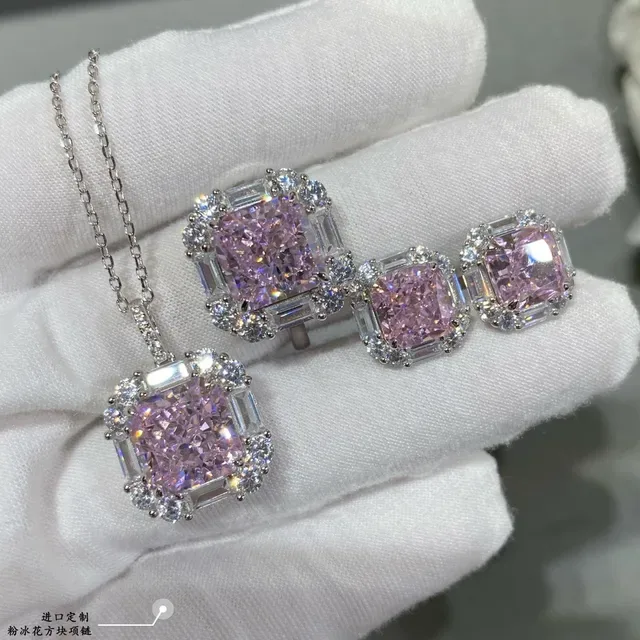 Pink Silver Square-Cut Central Gem Halo Setting Necklace 6