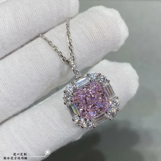 Pink Silver Square-Cut Central Gem Halo Setting Necklace 7