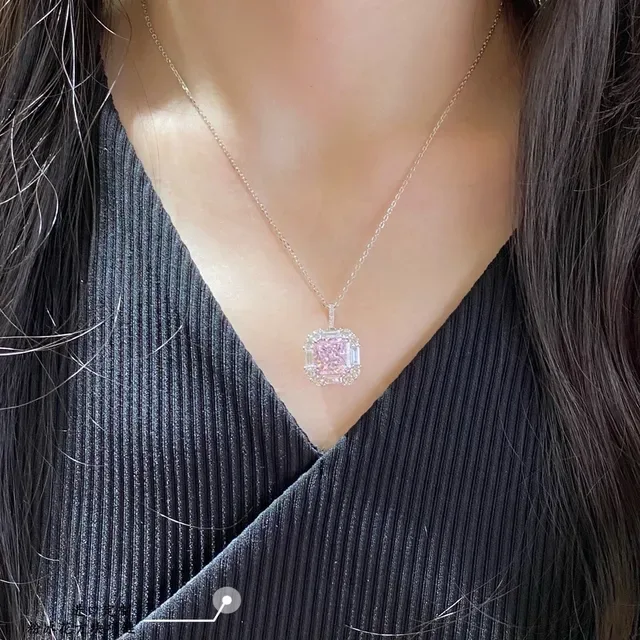 Pink Silver Square-Cut Central Gem Halo Setting Necklace 9