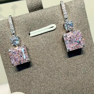 Pink Silver Square-Cut Gemstone Pave-Set Clear Stones Earrings