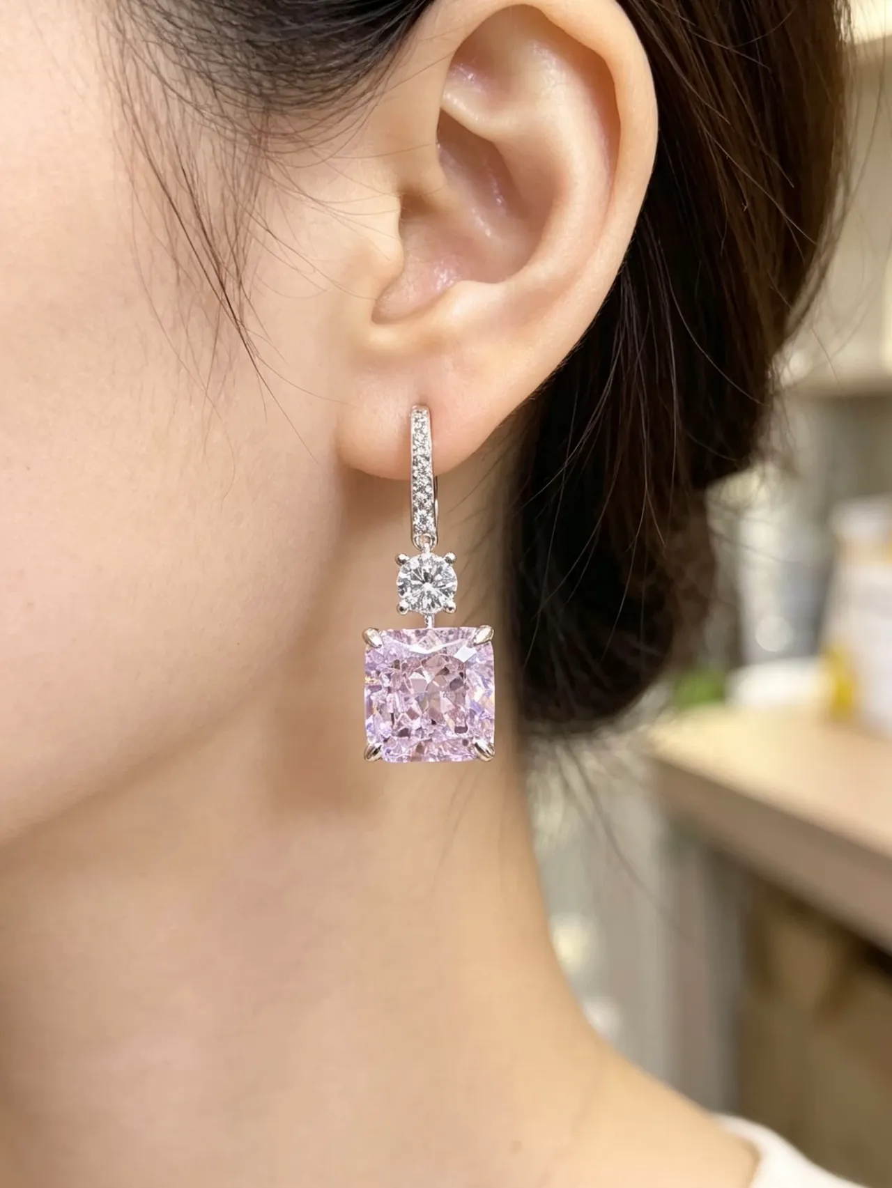 Pink Silver Square-Cut Gemstone Pave-Set Clear Stones Earrings 2