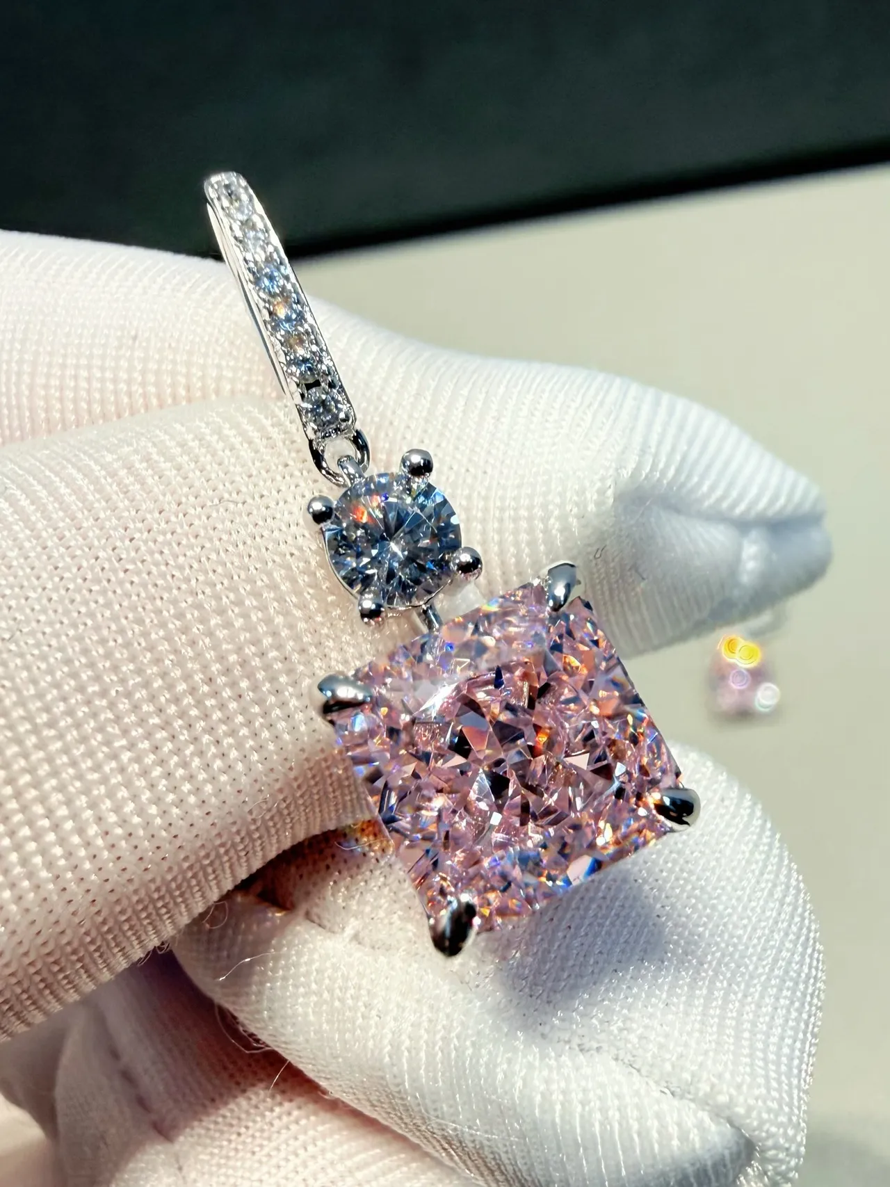 Pink Silver Square-Cut Gemstone Pave-Set Clear Stones Earrings 3