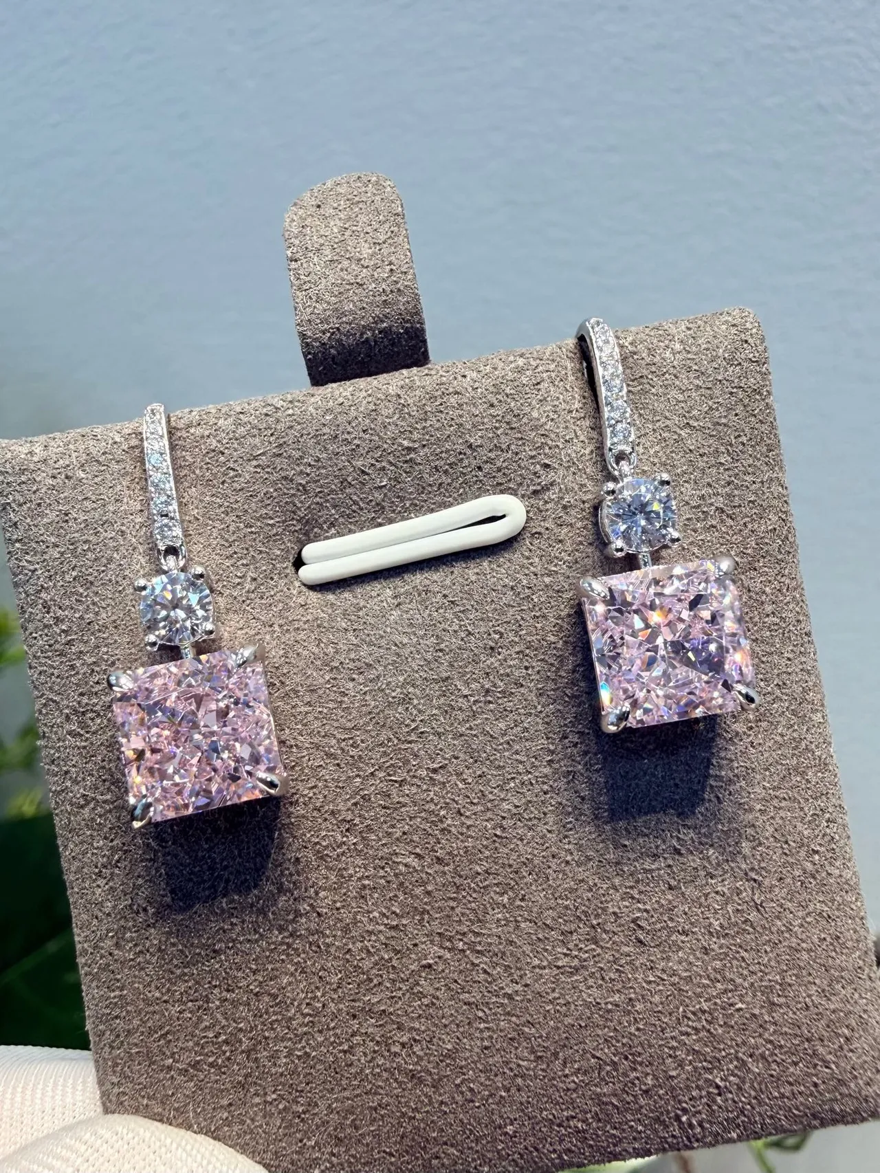Pink Silver Square-Cut Gemstone Pave-Set Clear Stones Earrings 4
