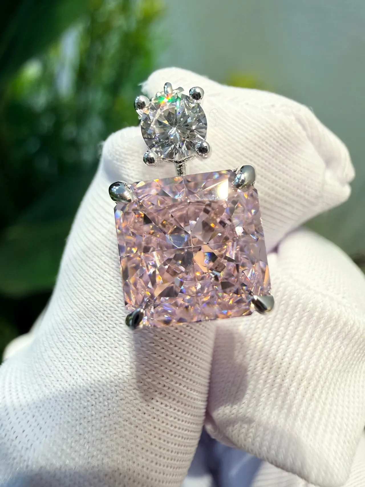 Pink Silver Square-Cut Gemstone Pave-Set Clear Stones Earrings 6