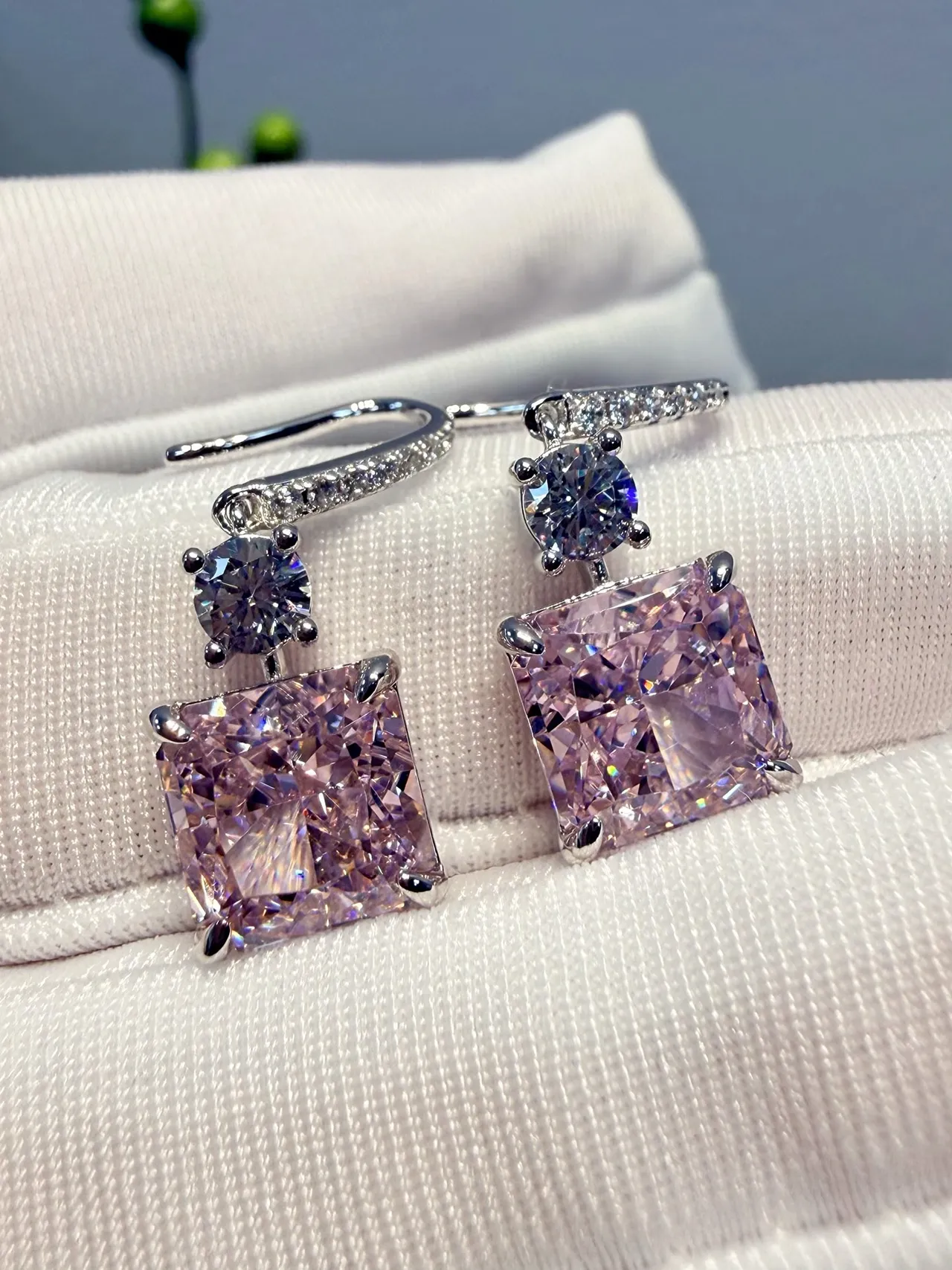 Pink Silver Square-Cut Gemstone Pave-Set Clear Stones Earrings 8
