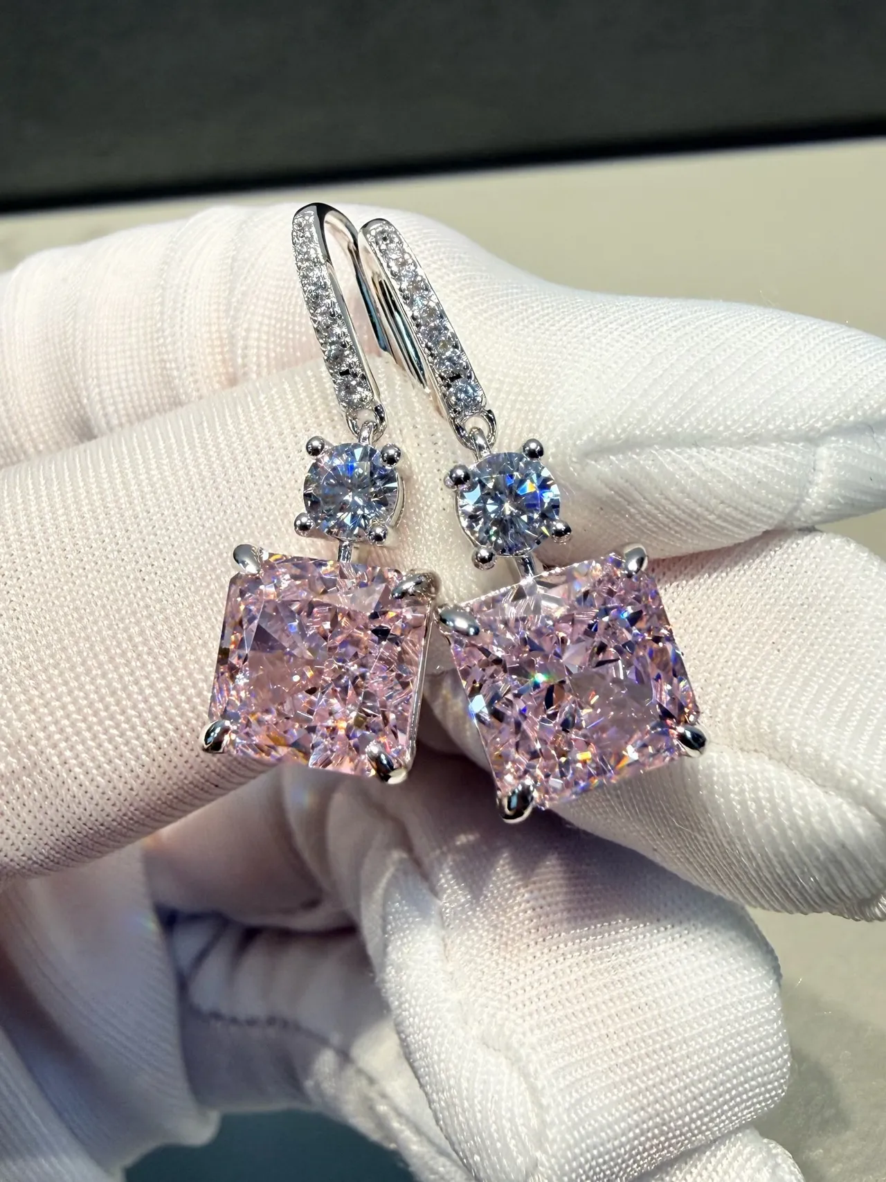 Pink Silver Square-Cut Gemstone Pave-Set Clear Stones Earrings 9