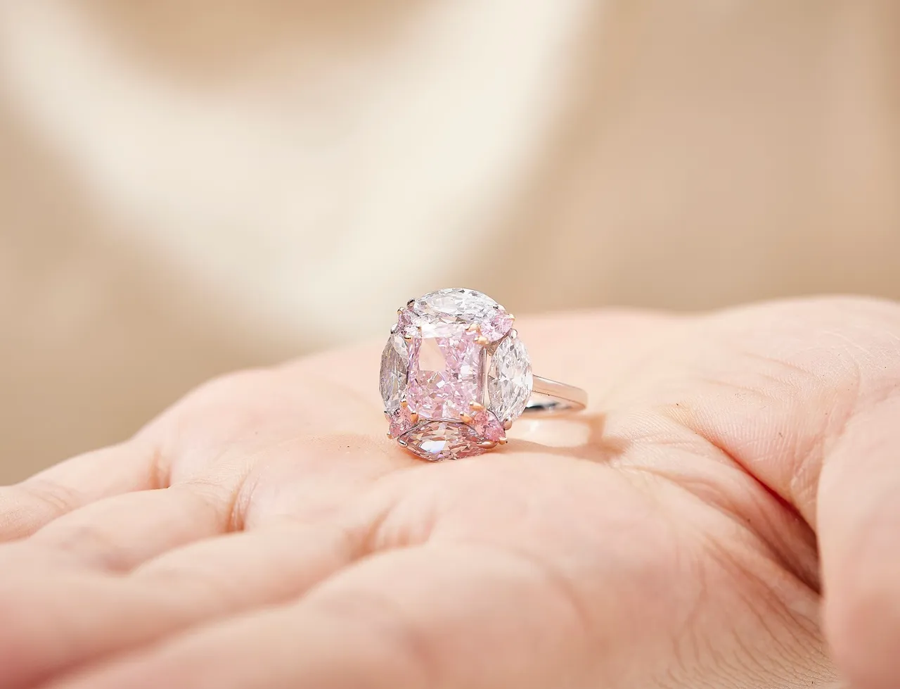 Pink White Cushion-Cut Central Stone Marquise Side Stones Ring 5