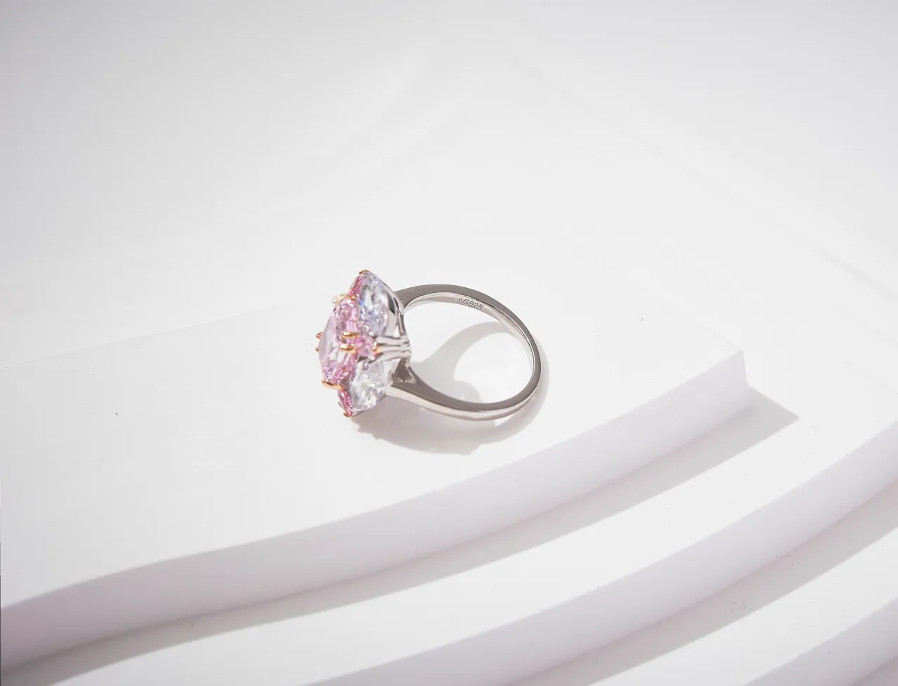Pink White Cushion-Cut Central Stone Marquise Side Stones Ring 3